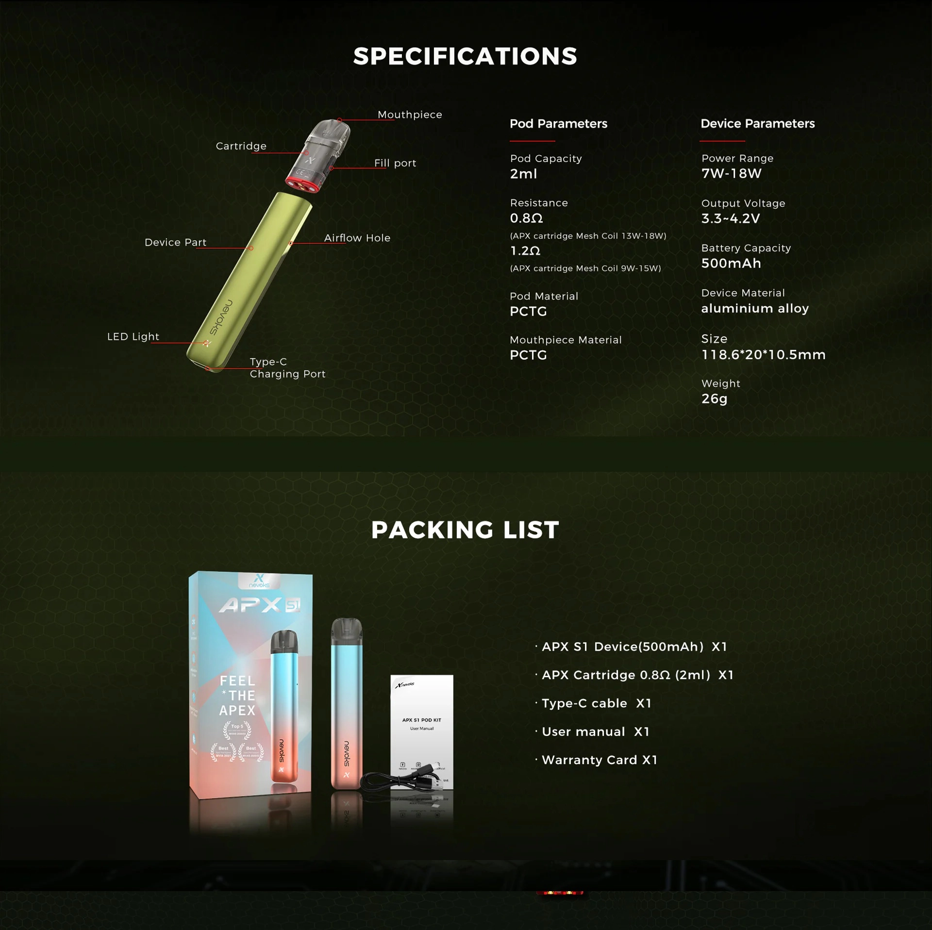 Nevoks APX S1 Pod Kit — 500mAh Battery 7-18W - Image 4